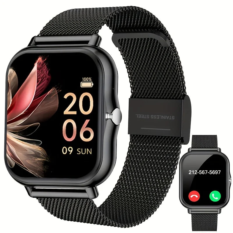 Full Touchscreen Smartwatch for Men and Women, Wireless Bluetooth for Making/answering Calls, 100+ Sports Modes, Weather, Stopwatch, Timer, Alarm Clock, Alloy Case, Stainless Steel Strap, Stylish and Minimalist Design, Compat