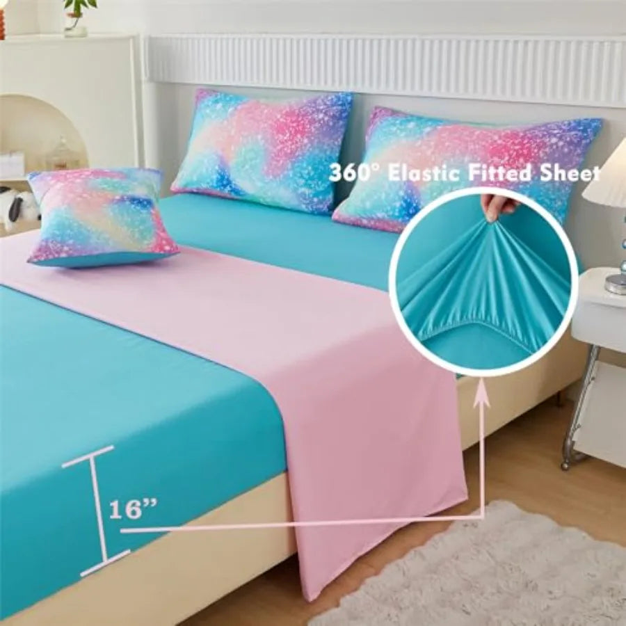 Girls Comforter Set Colorful Rainbow Bed in A Bag for Girls 6 Pcs Ombre Galaxy Glitter Bedding Set