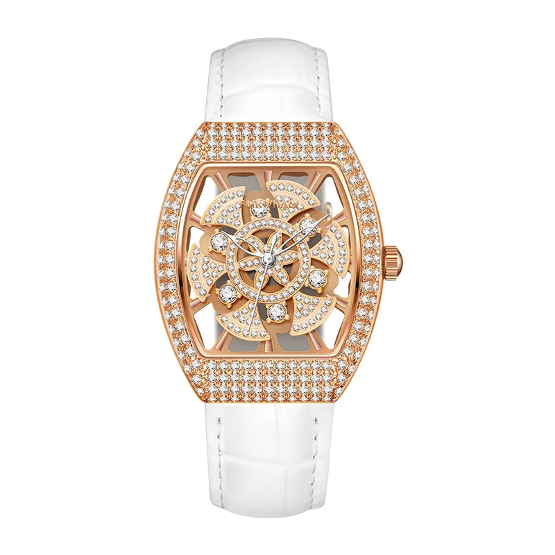 Mark Fairwhale Luxury Rotating flower dial Women's Watches Quartz Skeleton Tonneau Leather Diamond fully encrusted Watches for women
