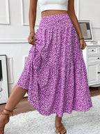 Womens Ditsy Floral A-Line Skirt With Pockets Elastic Waist Ruffle Hem