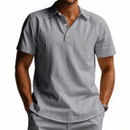 Men White Textured Linen Short Sleeve Polo Shirt Classic Lapel Collar 3 Wooden Buttons Loose Oversized Breathable Summer Beach Vacation Casual Holiday Top