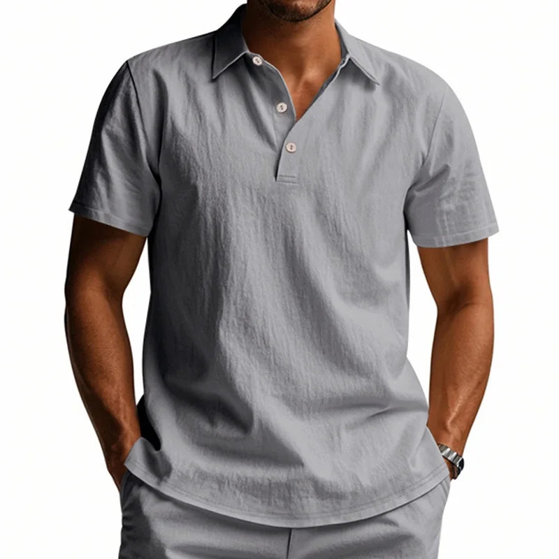Men White Textured Linen Short Sleeve Polo Shirt Classic Lapel Collar 3 Wooden Buttons Loose Oversized Breathable Summer Beach Vacation Casual Holiday Top