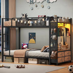 Itaar Metal Bunk Bed Twin Over Twin with Hall Tree, Power Outlet, LED Bunk Bed with 4 Storage Ders, Bed with Saety Guardrail & L