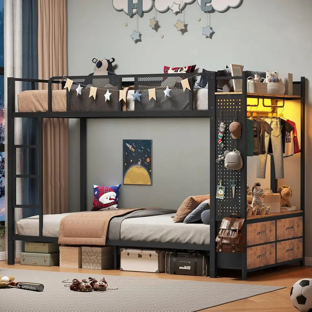 Itaar Metal Bunk Bed Twin Over Twin with Hall Tree, Power Outlet, LED Bunk Bed with 4 Storage Ders, Bed with Saety Guardrail & L