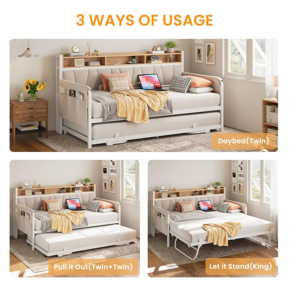 Daybed with Trundle Bed, Twin Bed Frame with Upholstered Storage Headboard and Charging Station, Sofa Day Bed with Strong Suppo