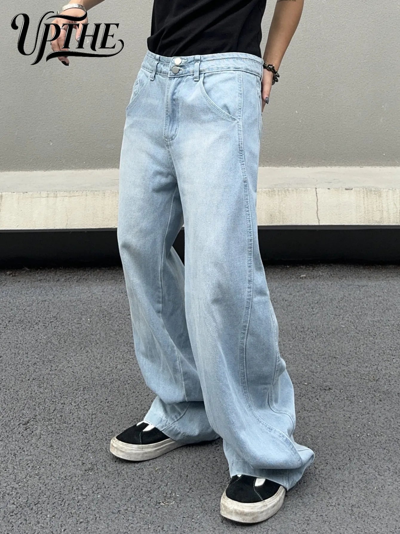 UP.THE Y2K Vintage Men's Wide Leg Loose Blue Jeans, Comfortable Versatile Baggy Denim Trousers for Office, Commute & Street Wear