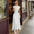 XTOCEAN White Polka Dot Long Dress Summer Sexy High-Waisted Vintage Print Sleeveless Dress Casual Party Vacation New Women Dress