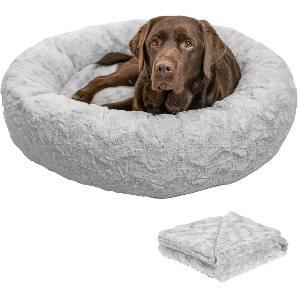 Luxury Calming Donut Cuddler Pet Bed with Throw Blanket, Gray, Large, 36x36