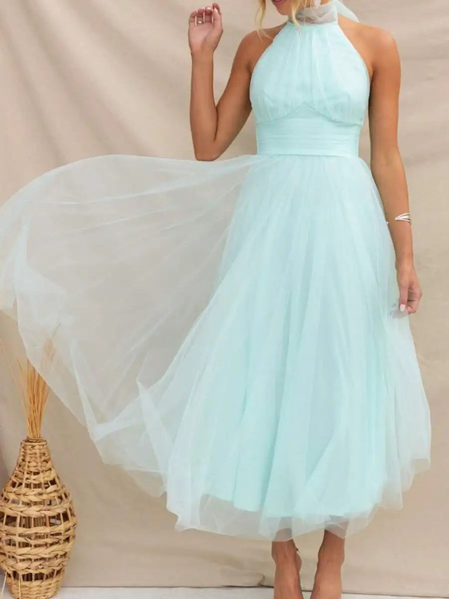 Women Backless Long Tulle Dress Adjustable Halter Neck High Waist Solid Party Wedding Dress