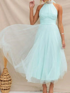 Women Backless Long Tulle Dress Adjustable Halter Neck High Waist Solid Party Wedding Dress