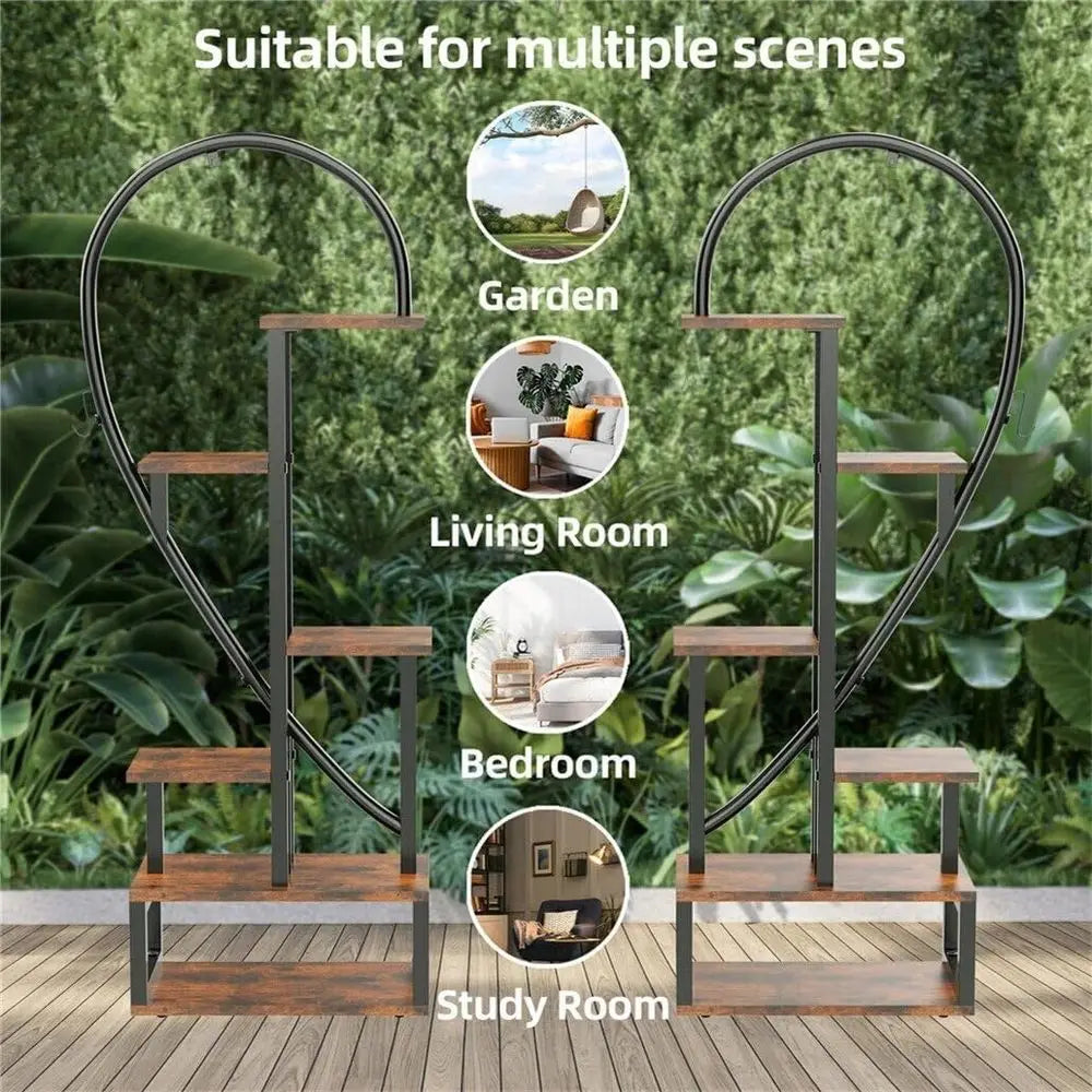 Double-Tiered Heart-Shaped Plant Stand with 20 Pots, Ladder Style Hanging Rack for Garden Display