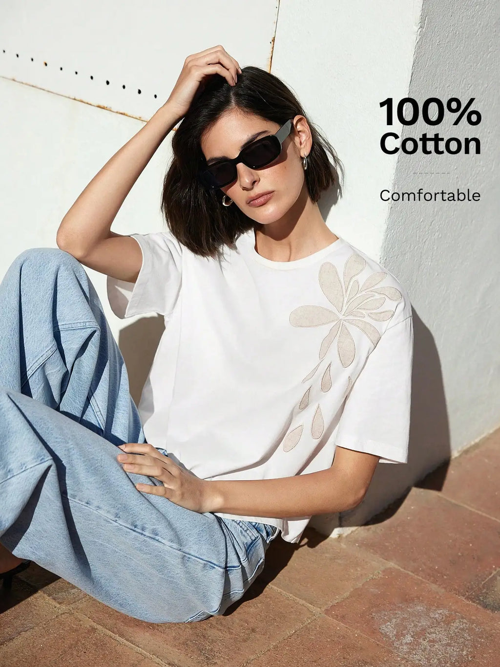 White Embroidered Floral Tee Short Sleeve Crew Neck Loose Comfortable Cotton T-Shirt