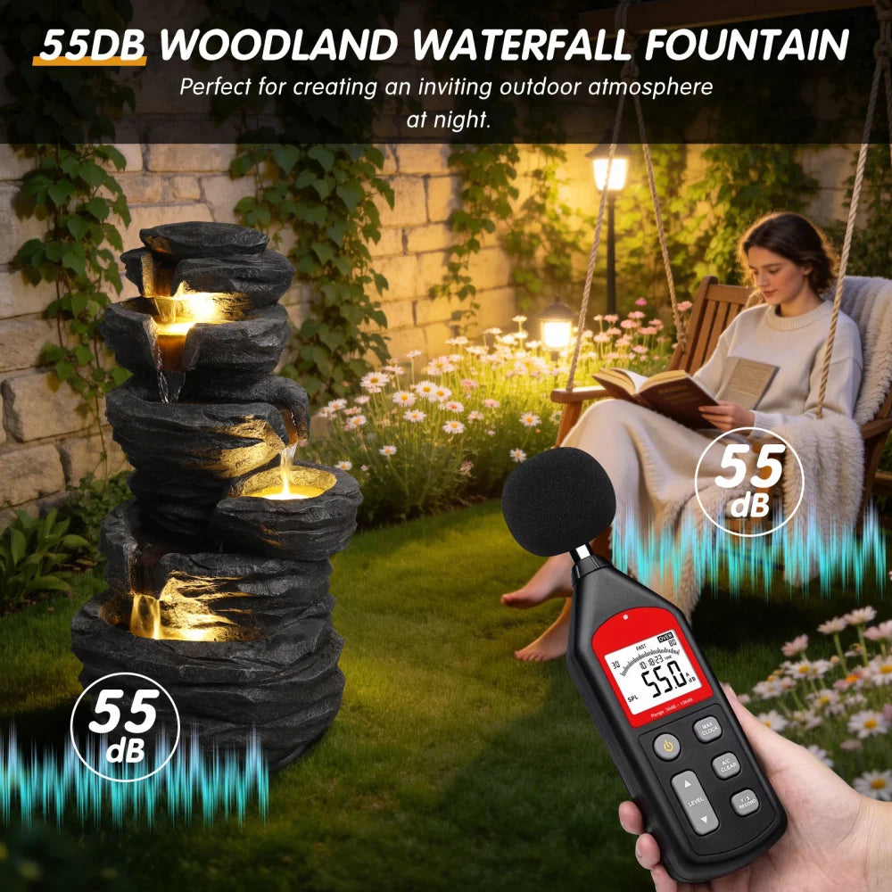 Outdoor Rock Water Fountain with Lights Multi Tier Cascading Waterfall Resin Garden Fountain for Patio Yard Porch Landscape