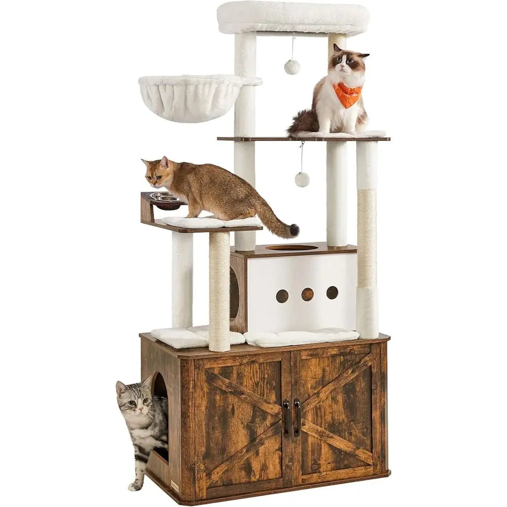 66.9-Inch Large Cat Tower with Litter Box Enclosure, Condo, Food Station, Storage, Scratching Posts, Cave, Hammock, Washable Cus