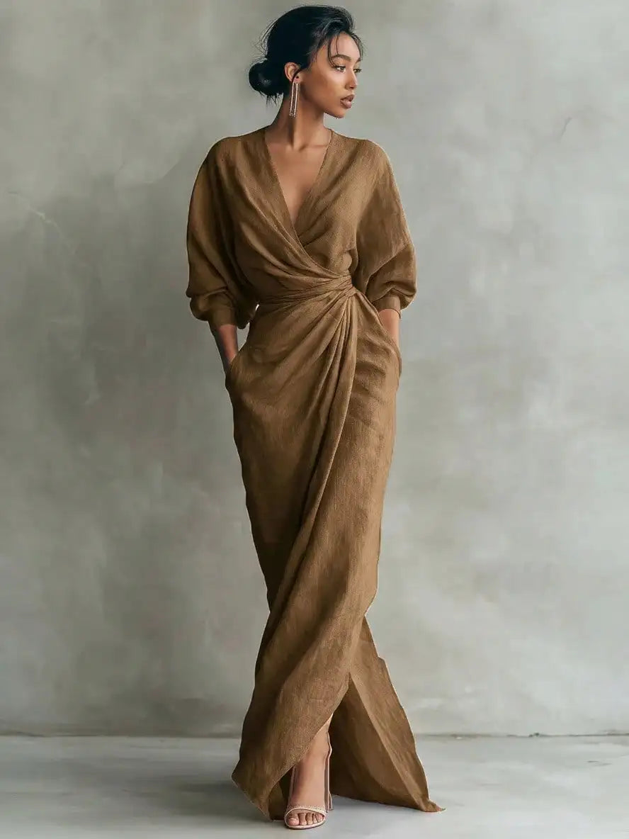 Elegant Solid Color V Neck Long Sleeve Wrap Midi Dress With Side Slit For Women