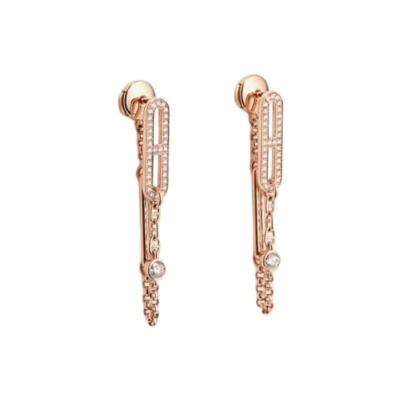 Rose Gold Plated Paved Oval Link Chain Drop Earrings with CZ Pave & Layered Dangle Design