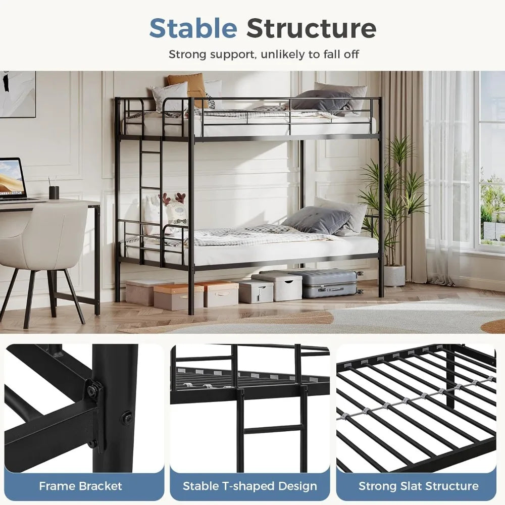 Metal Bunk Bed Frame Twin Over Twin with Ladder, High Guardrail, Heavy-Duty Slats, Under-Bed Storage, Noise-Free