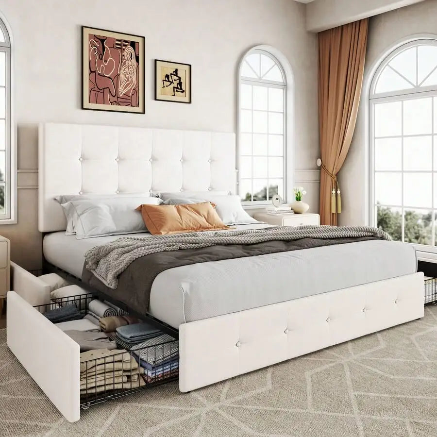 Full/Queen/King Platform Bed Frame With 4 Storage Drawers, Adjustable Headboard, Faux Leather Button Tufted Square Stitched Design, Wooden Slats, Noise-Free, No Box Spring Needed, Easy Assembly, Light Grey