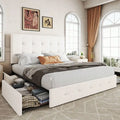 Full/Queen/King Platform Bed Frame With 4 Storage Drawers, Adjustable Headboard, Faux Leather Button Tufted Square Stitched Design, Wooden Slats, Noise-Free, No Box Spring Needed, Easy Assembly, Light Grey
