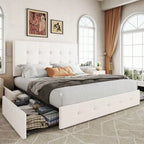 Full/Queen/King Platform Bed Frame With 4 Storage Drawers, Adjustable Headboard, Faux Leather Button Tufted Square Stitched Design, Wooden Slats, Noise-Free, No Box Spring Needed, Easy Assembly, Light Grey