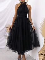 Women Backless Long Tulle Dress Adjustable Halter Neck High Waist Solid Party Wedding Dress