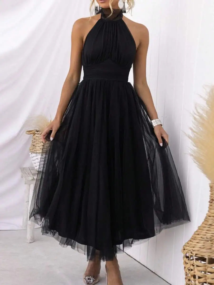 Women Backless Long Tulle Dress Adjustable Halter Neck High Waist Solid Party Wedding Dress