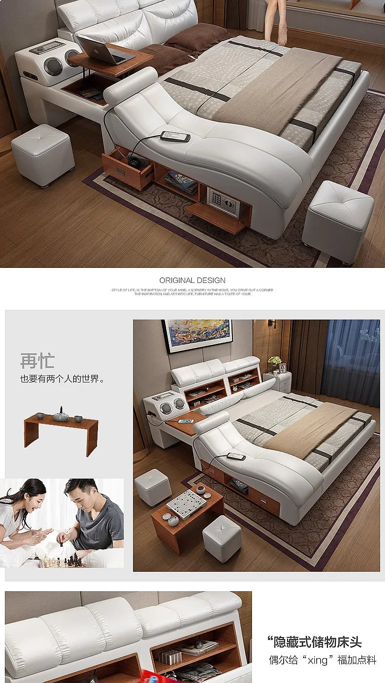 Genuine Leather Bed Frame with Massager, Storage, Safe, Speaker & LED Light, Soft Bed for Bedroom Furniture