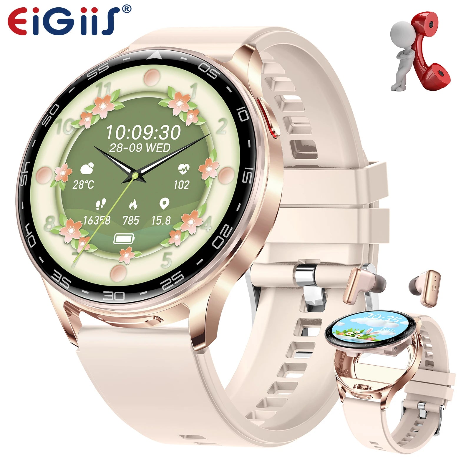 EIGIIS 2026 2-in-1 Smart Watch with Hidden Earbuds 1.39"IPS HD Screen 280mAh Sports Fitness Tracker Heart Rate Monitor for Women