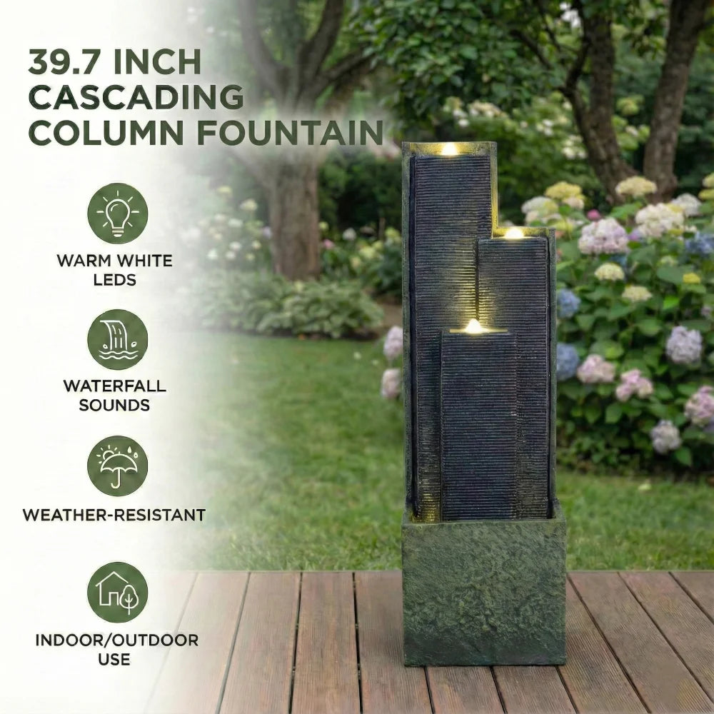 39'' H Outdoor Water Fountain Modern Cascading Freestanding Fountain with LED Lights for Garden Patio Porch Lawn Backyard Decor