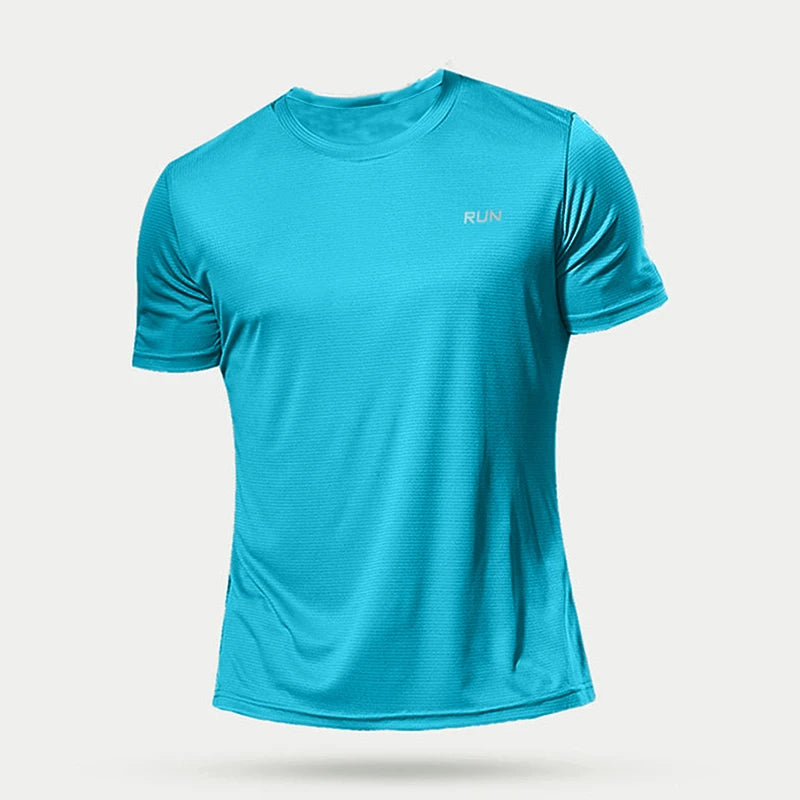 Summer Men Athletic Solid Round Neck Short Sleeve T-Shirt Polyester Quick Dry Breathable Lightweight Gym Running Bodybuilding Training Football Sport Tops