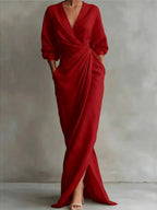 Women V-Neck Solid Cotton Maxi Dress With Draped Detail