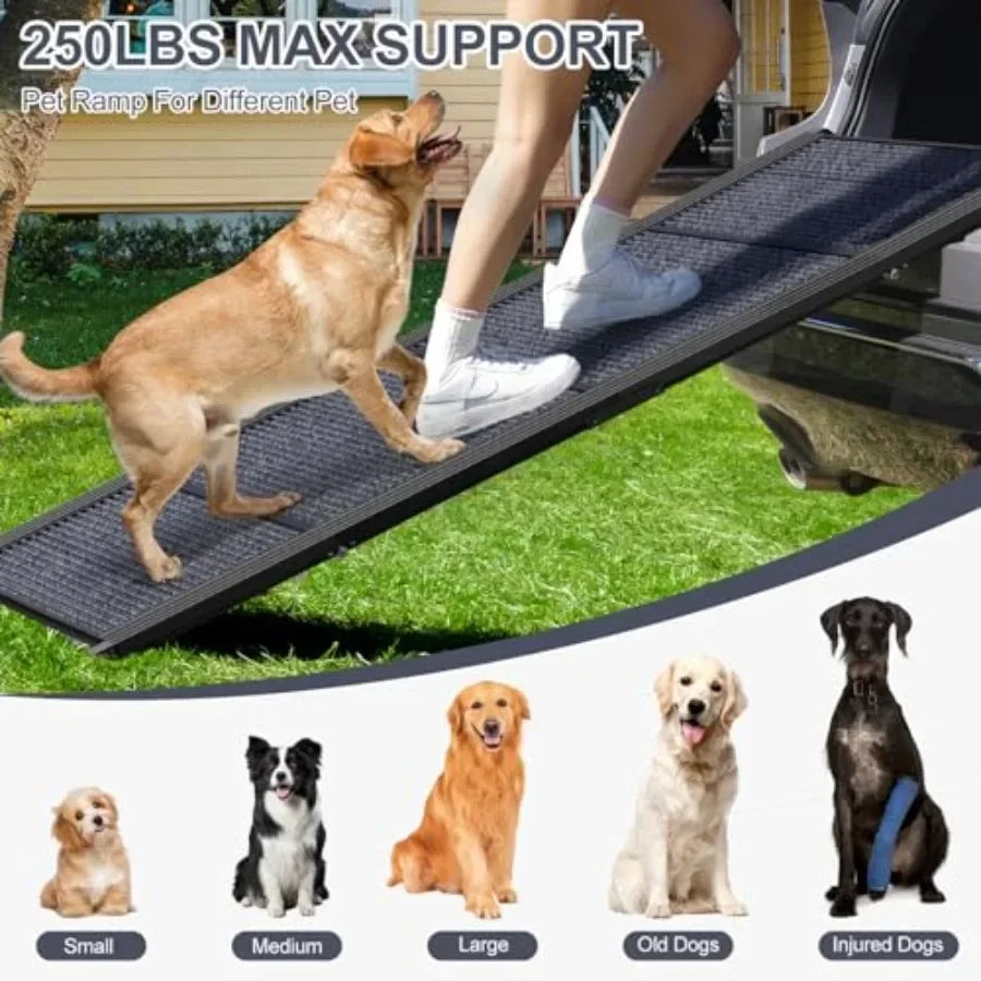 Dog Ramp for Car: 63 Long 17 Wide Portable Folding Ramp for Large Dogs, Non-Slip Rug Surface, SUV/Truck Use, Supports up to 250