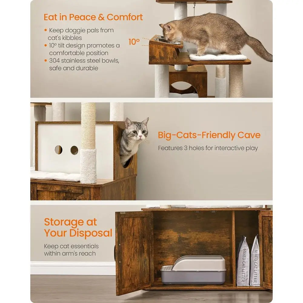 66.9-Inch Large Cat Tower with Litter Box Enclosure, Condo, Food Station, Storage, Scratching Posts, Cave, Hammock, Washable Cus