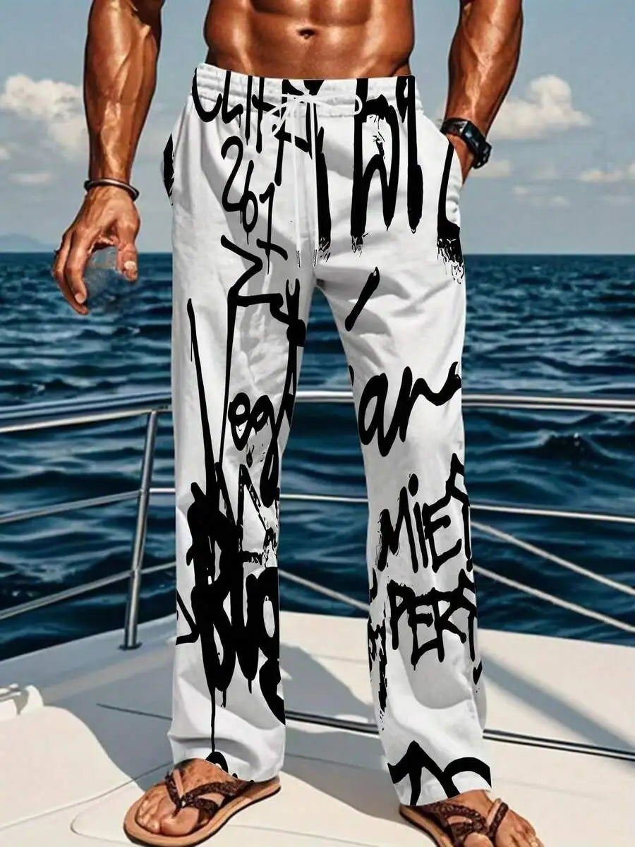 Mens Black And White Graffiti Print Loose Straight Leg Pants For Summer Beach