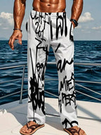 Mens Black And White Graffiti Print Loose Straight Leg Pants For Summer Beach