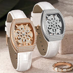 Mark Fairwhale Luxury Rotating flower dial Women's Watches Quartz Skeleton Tonneau Leather Diamond fully encrusted Watches for women