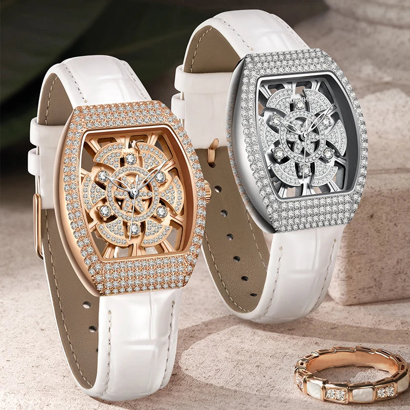 Mark Fairwhale Luxury Rotating flower dial Women's Watches Quartz Skeleton Tonneau Leather Diamond fully encrusted Watches for women