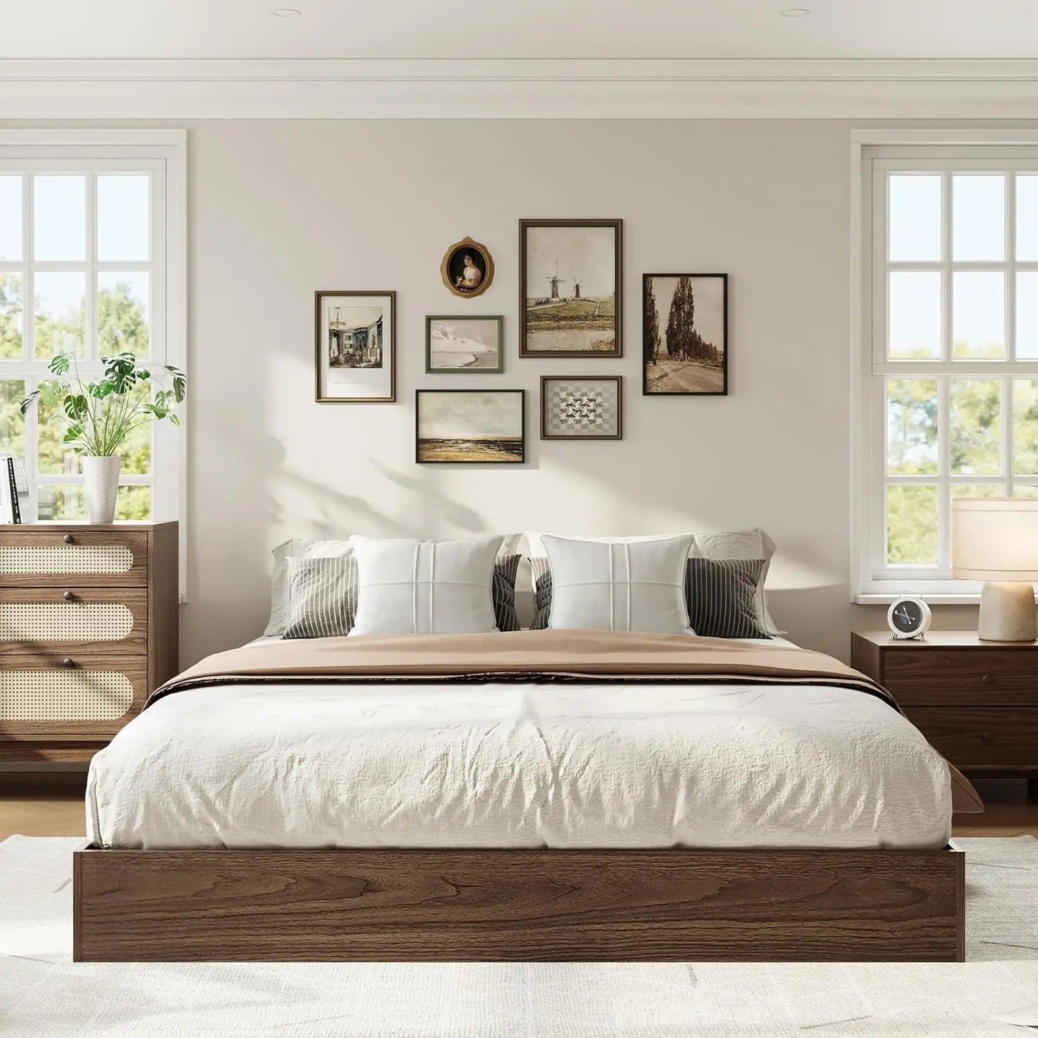 King Size Solid Wood Platform Bed with Sturdy Wooden Slats, Floor-Standing Bed Frame, Modern Minimalist Design Bed Frame, No Box Spring Needed, Space Saver, Easy Assembly, Walnut Wood