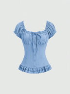 Womens Summer Solid White Ruffle Short Sleeve Blouse