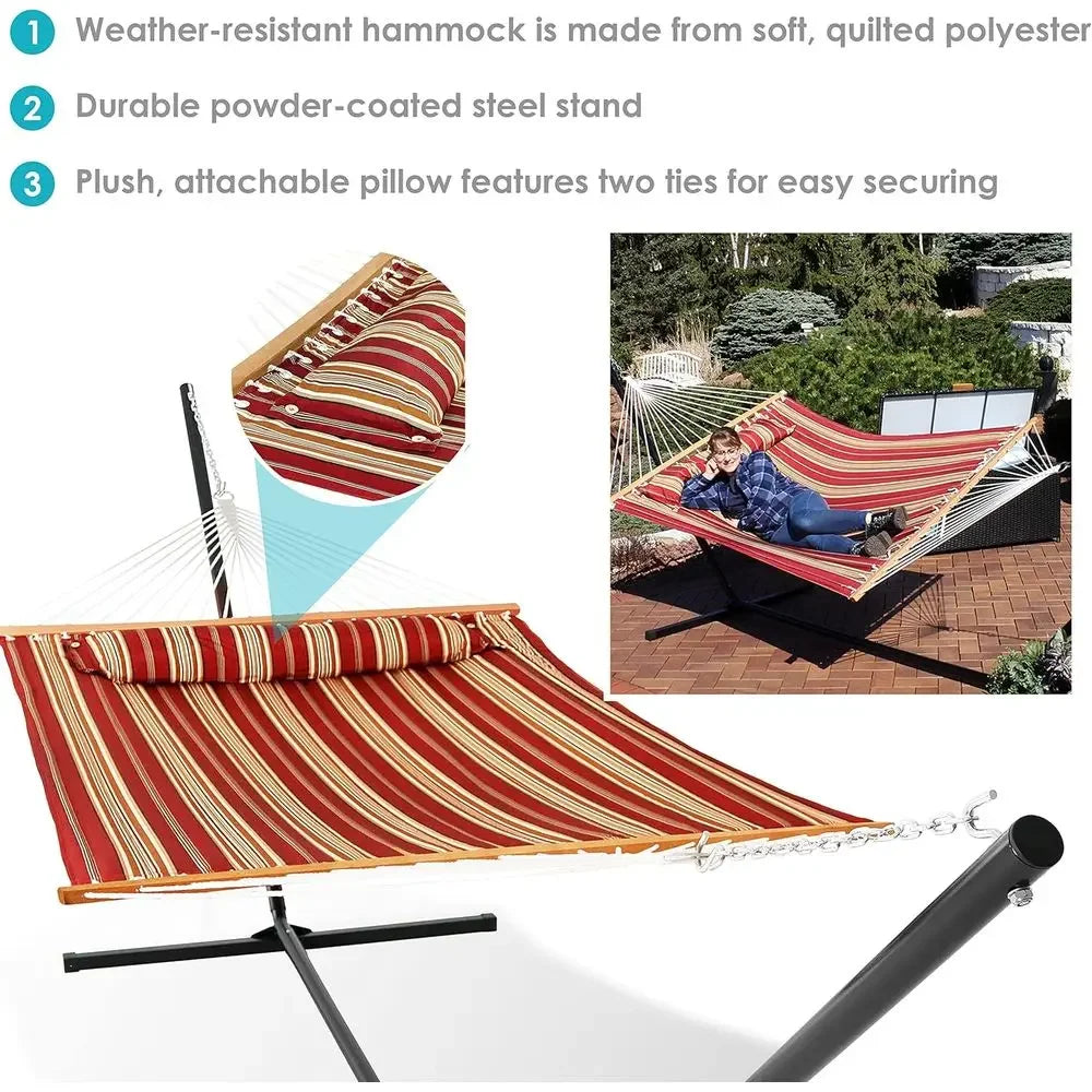 Double Hammock with Stand - 400 lbs Capacity for 2, 15-Foot Stand, Red Stripe Pattern