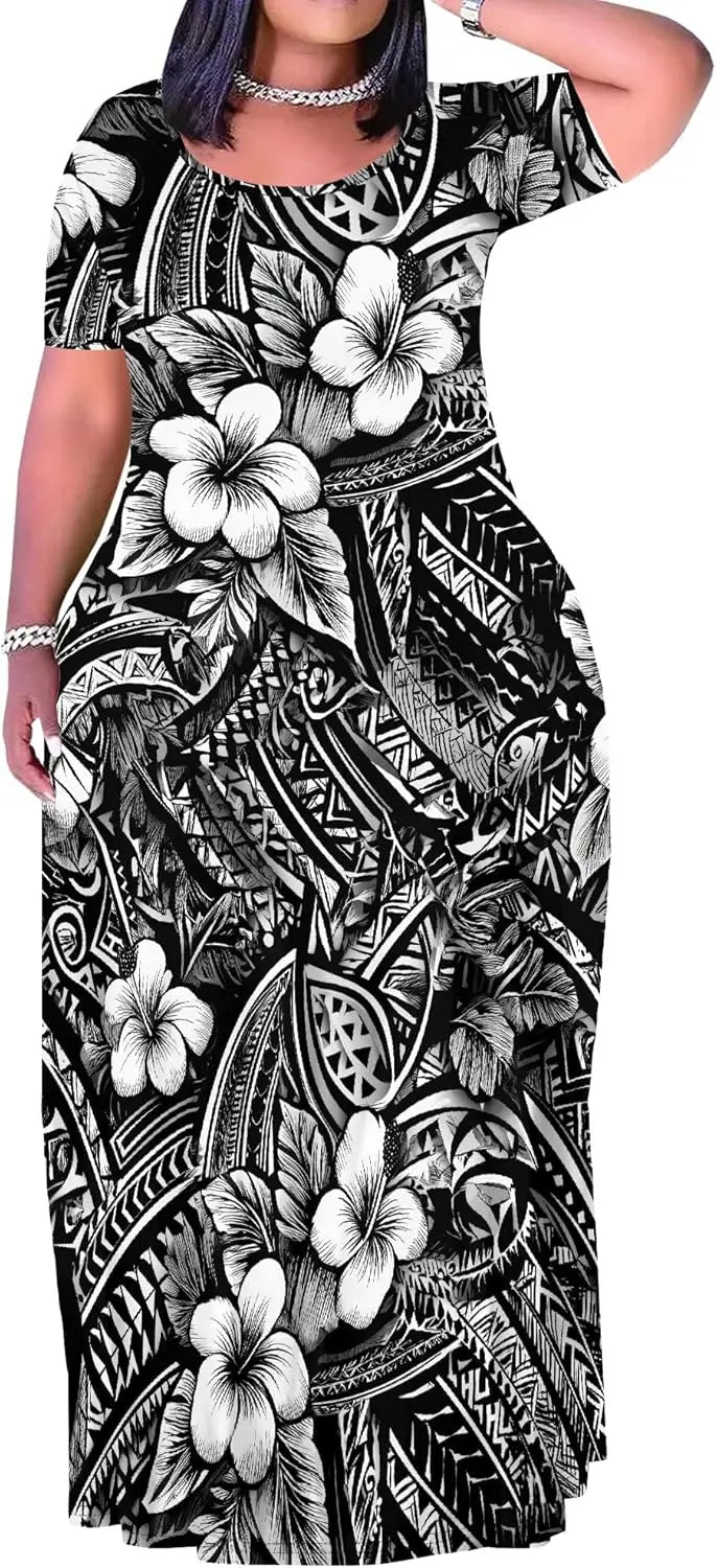 Plus Size Maxi Dress for Women Summer Casual Short Sleeve Tshirt Dresses with Pockets (XL-6XL)