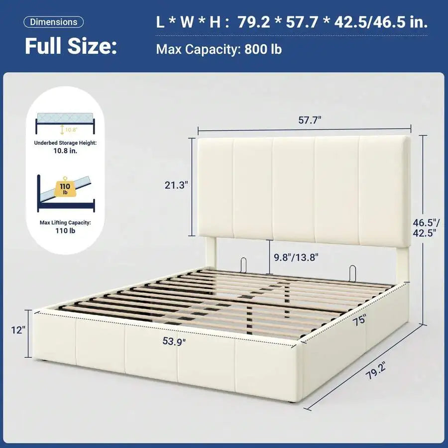 Full/Queen/King Size Velvet Lift Up Storage Bed Frame, Vertical Channel Tufted Headboard, Hydrualic Underneath Storage, Upholstered Platform Bed, Wooden Slats Support, No Box Spring Needed, Cream