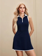 Tennis Dress Women's Premium Sleeveless Moisture-Wicking Fabric with Inner Shorts, Chic Stand Collar Playsuit for Outdoor Sports, Gym and Vacation