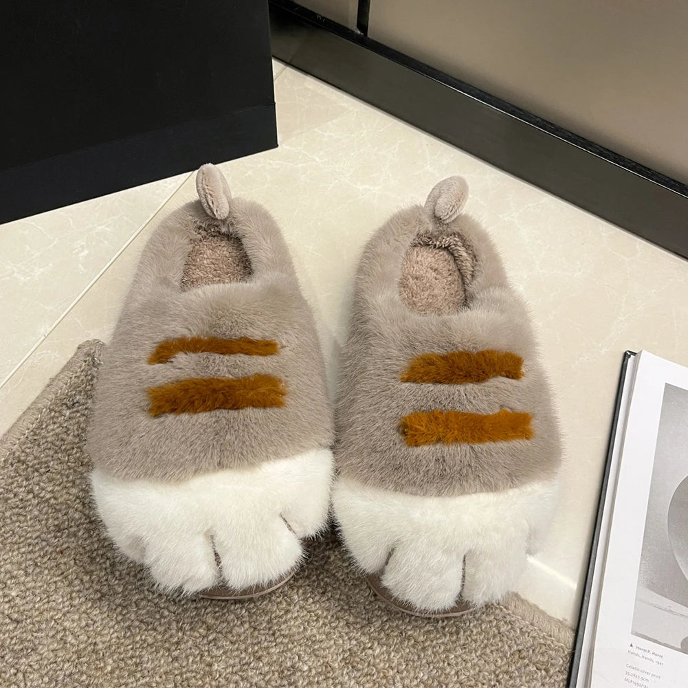 3D Cat Paw Plush Slippers Warm Slip-on House Shoes Comfortable Fluffy Home Slippers Anti Slip Cute Paw Slippers for Men Women