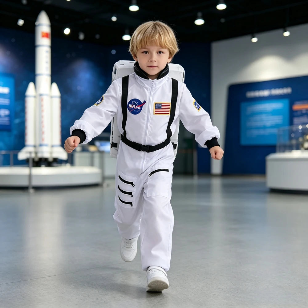 New Children White Black Trim Astronaut Costume Replica Flight Jumpsuit Unisex Kid Spaceman Uniform Halloween Cosplay Outfit