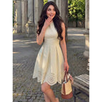 Elegant Cream White Summer Skater Dress,Sleeveless Pleated Laser-Cut Hem Fit-And-Flare A-Line Silhouette,Tea Party Garden Vacation Outfits For Women