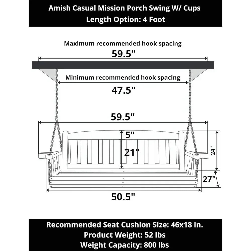 Durable 800 lbs Capacity 4-Person Porch Swing with Cup Holders, Untreated