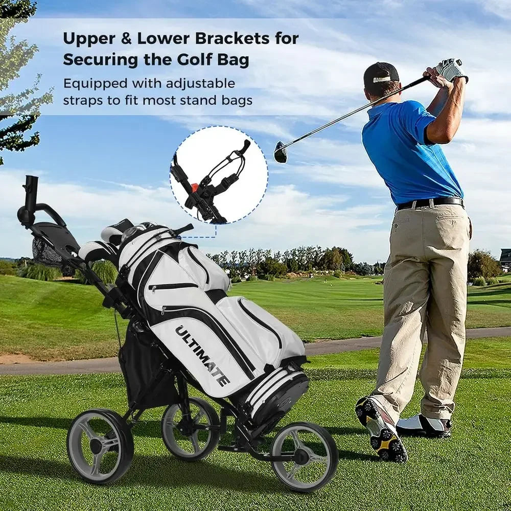 Portable 3-Wheel Golf Cart with Adjustable Seat, Trolley Bag, Scorecard, Umbrella, and Cup Holders, Storage, and Foot Brake