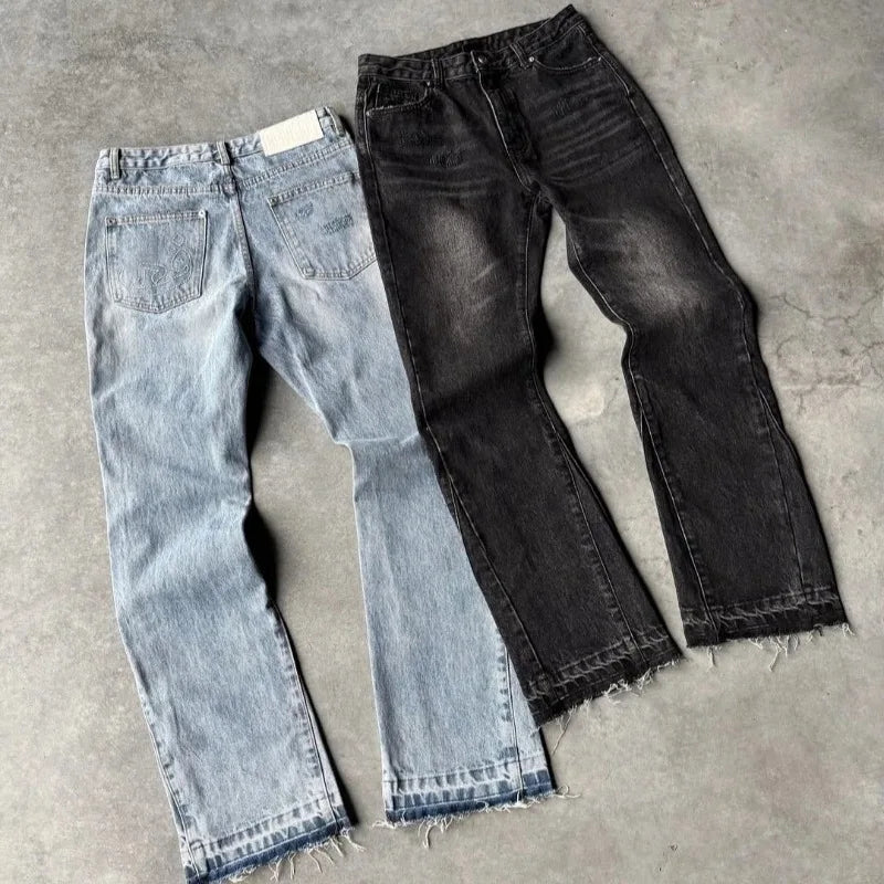 American Vintage Washed Jeans Men Women Retro Distressed Raw Hem Flare Denim Pants Y2K Grunge Streetwear Loose Hip Hop Trousers 2026