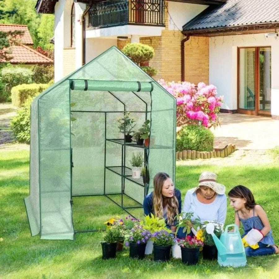 Outdoor gardening plant greenhouse with 8 shelves, durable polycarbonate material, green color, UV-resistant and ventilated des